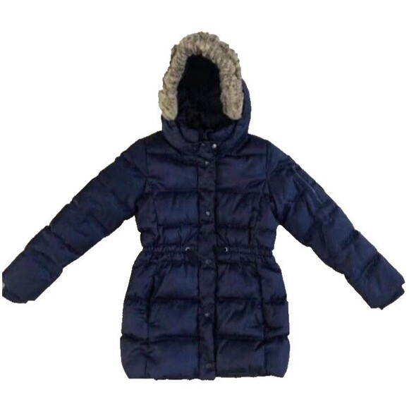 Gap Girls L/10 Down Puffer Jacket Coat Navy Blue Hooded Faux Fur Trim - Picture 1 of 6